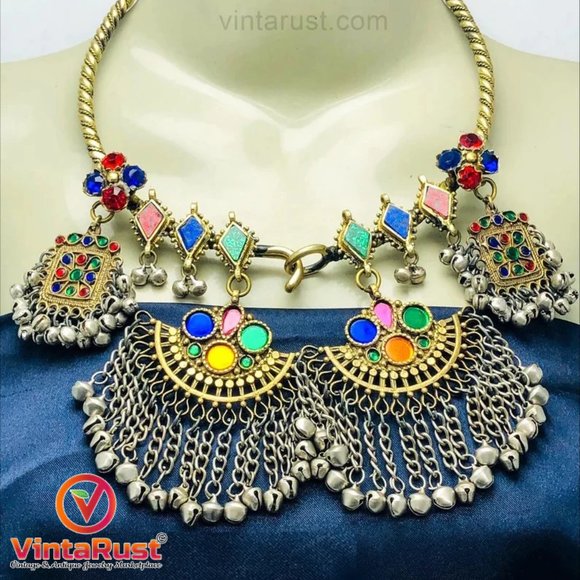 Vintage Torque Choker With Dangling Pendants, Tribal Choker With Multicolor